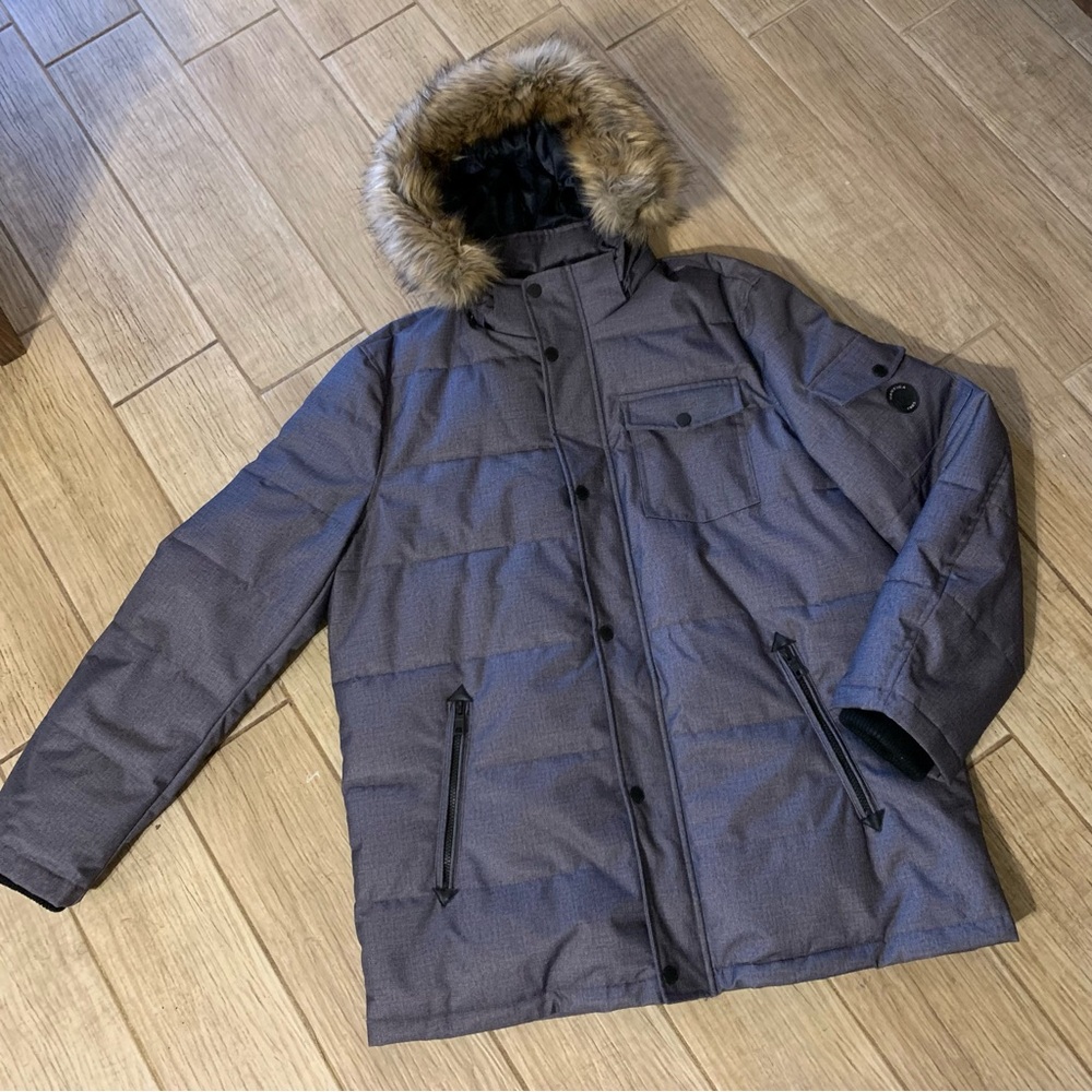 Men’s Nautica XL Gray Winter Coat with Hood and Removable Faux Fur Collar